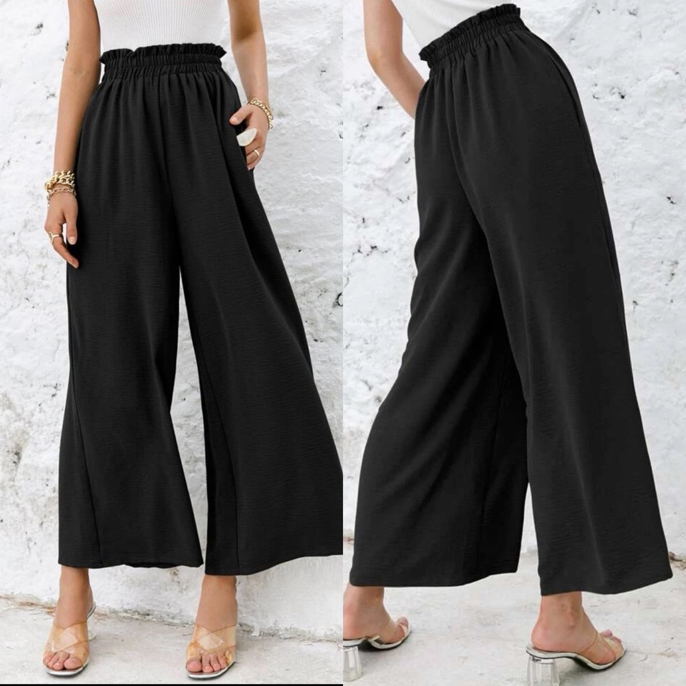 High waisted flared wide leg cropped pants shirred boho khaki tan - Picture 6 of 6